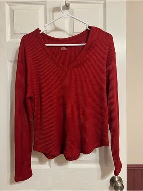 American Eagle Outfitters Red Ribbed V-Neck Long Sleeve Top